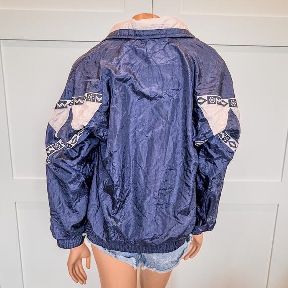 1990s Vintage Janeve Bomber Jacket Navy/White Geometric Pattern-Womens Medium - Picture 6 of 10